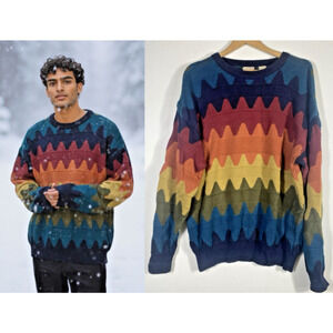 Ash Creek Trading Sweater Mens Large Rainbow Stripe Splash 3D 90s Cabin Core